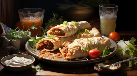 A plate of beef and cheese quesadillas with a mug of beerの素材