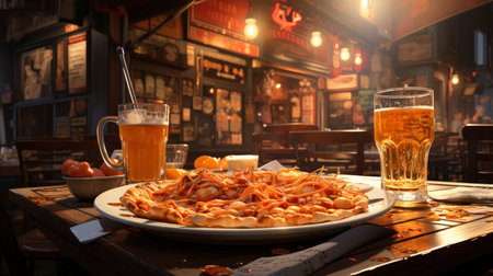 A plate of beef and cheese quesadillas with a mug of beerの素材