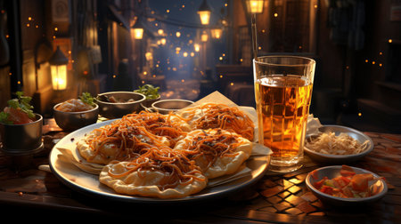A plate of beef and cheese quesadillas with a mug of beerの素材