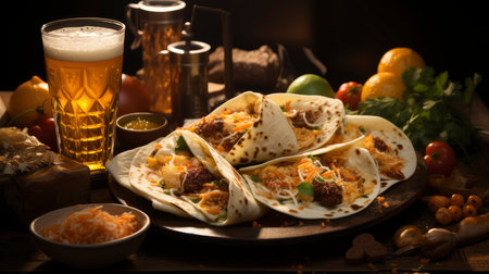A plate of beef and cheese quesadillas with a mug of beerの素材