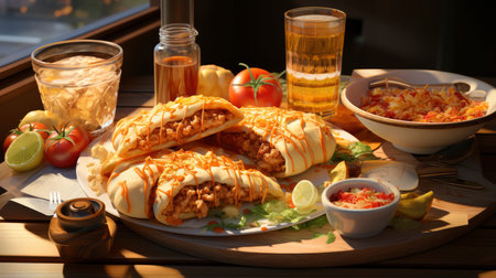 Mexican cuisine nachos, tacos, guacamole, quesadillas and beerの素材
