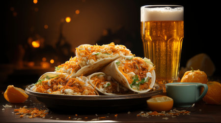 Mexican cuisine nachos, tacos, guacamole, quesadillas and beerの素材