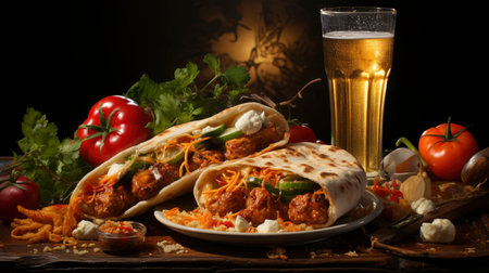 Mexican cuisine nachos, tacos, guacamole, quesadillas and beerの素材