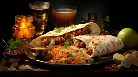 Mexican cuisine nachos, tacos, guacamole, quesadillas and beerの素材