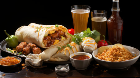 Mexican cuisine nachos, tacos, guacamole, quesadillas and beerの素材