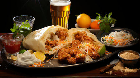 Mexican cuisine nachos, tacos, guacamole, quesadillas and beerの素材