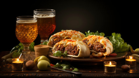 Mexican cuisine nachos, tacos, guacamole, quesadillas and beerの素材