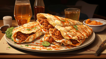 Mexican cuisine nachos, tacos, guacamole, quesadillas and beerの素材