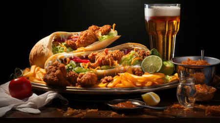 Mexican cuisine nachos, tacos, guacamole, quesadillas and beerの素材