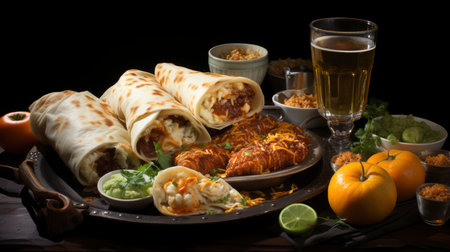 Mexican cuisine nachos, tacos, guacamole, quesadillas and beerの素材