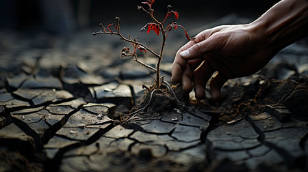 Nurturing hand cradles fragile red plant amid sun-cracked earth, symbolizing hope and rebirth in harsh conditions.の素材