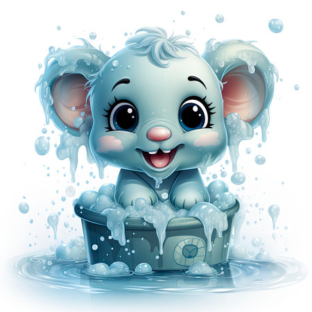 Playful baby elephant in soapy tub, splashing water, joyful expression, bubbly bath, cute illustrationの素材