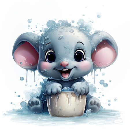 Joyful baby elephant playing with water bubbles, sitting in a puddle, cute and vibrant illustrationの素材