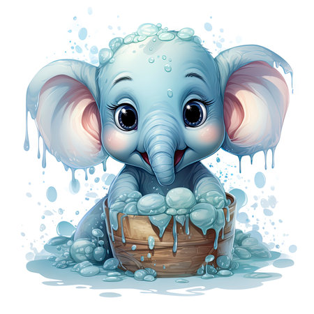 Charming baby elephant playing in water, detailed digital illustration with bubbles and splashesの素材