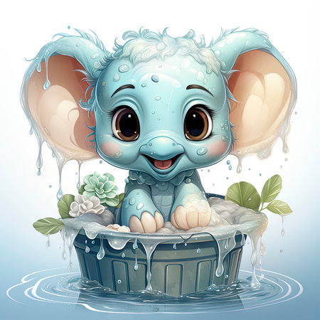Adorable blue baby elephant in a bath, surrounded by bubbles, with succulents and fresh leaves, exuding pure joy and relaxationの素材