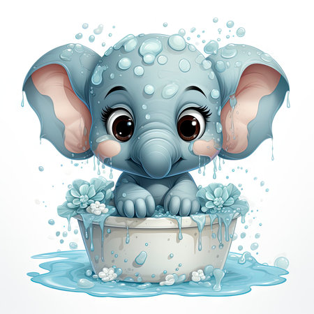 Charming baby elephant with water droplets, sitting in a puddle with lovely blue flowers. Perfect for kids' designs.の素材