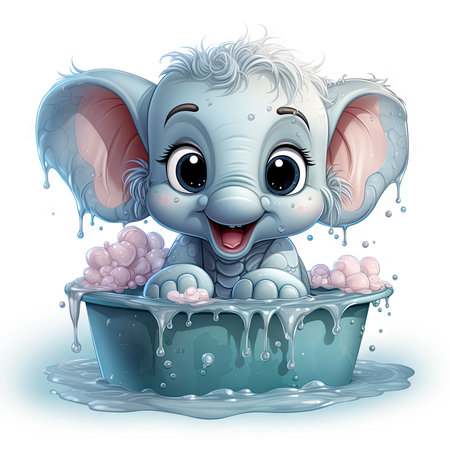 Delightful baby elephant enjoying a bubble bath, with expressive eyes and joyous love. Ideal for children's themes.の素材