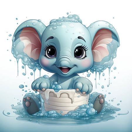 Joyful baby elephant enjoying a bubbly water bath, with big expressive eyes and playful demeanor.の素材