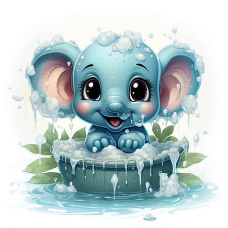 Adorable baby elephant with sudsy bubbles, gleaming eyes, and leaves in a wooden tub amidst splashesの素材