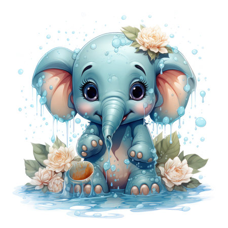 Playful elephant calf with a delicate flower, joyfully splashing water amidst floating bubbles.の素材