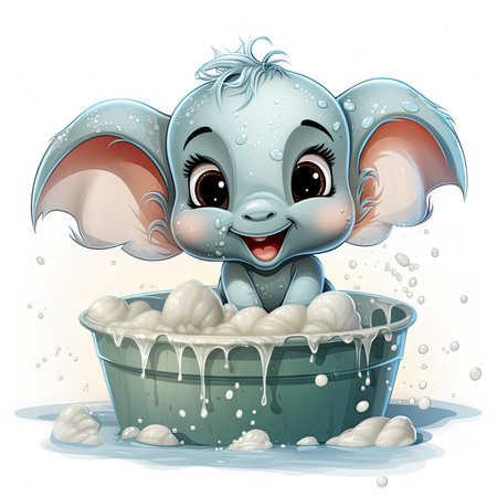 Delightful baby elephant enjoying a bubbly bath, showcasing vibrant details and playful charm. Perfect for kid's themes.の素材