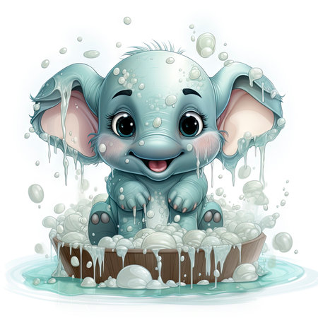 Adorable animated elephant enjoying a bubbly bath, water droplets in the air, playful and vibrant illustration.の素材