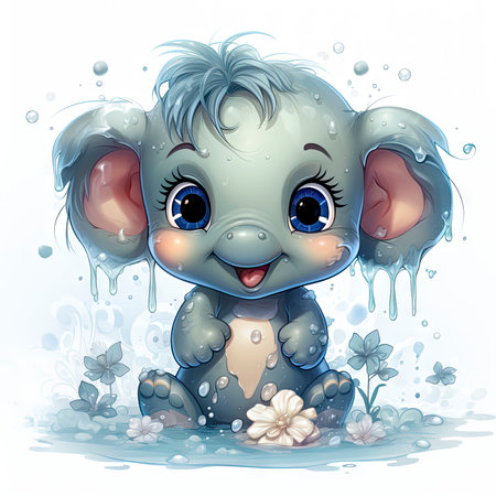 Joyful animated elephant splashing in puddle, surrounded by delicate flowers, exuding playfulness and charm.の素材