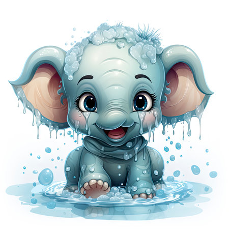 Delightful baby elephant illustration, soaked in water, showing glaming eyes and joyful demeanor.の素材