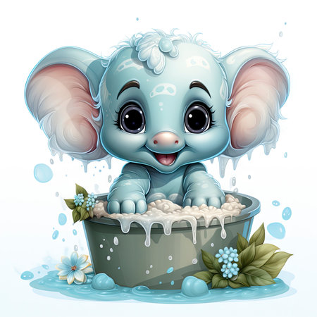 Delightful baby elephant enjoying a bubbly bath with fresh flowers, expressing joy and playfulness in a vibrant illustration.の素材