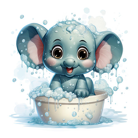 Joyful baby elephant enjoying a bubbly bath, splashing water with playful glee, in a vibrant illustrated style.の素材