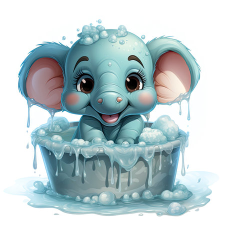 Joyful baby elephant bathing in bubbly water, playful expression with droplets, large ears, detailed artの素材
