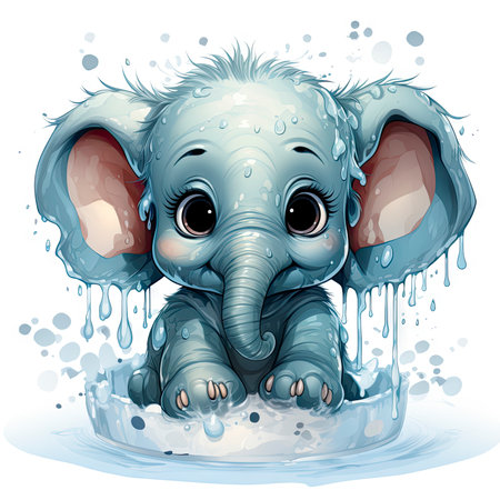 Curious baby elephant peeking through water, intricately detailed with splashes and droplets. Great for children's content.の素材