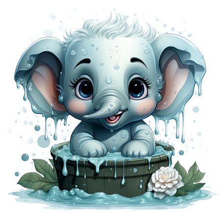 Adorable baby elephant enjoying a splash, big expressive eyes, surrounded by water droplets and white flower.の素材