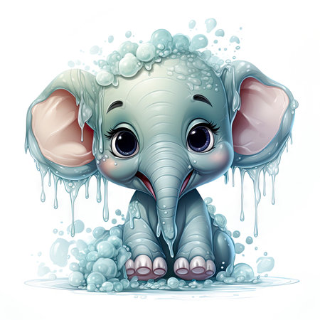 Adorable baby elephant enjoying a splash, big expressive eyes, surrounded by water droplets and white flowerの素材