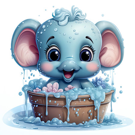 Joyful baby elephant with curly tuft, bathing in wooden tub with blossoming flowers and bubbly water.の素材