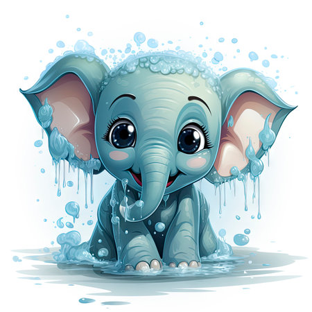 Playful baby elephant covered in bubbles and water, with sparkling eyes and vibrant details. Ideal for cheerful designs.の素材