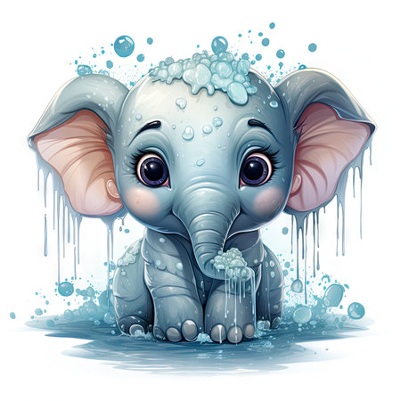 Adorable elephant calf with glistering water droplets, enjoying a refreshing splash, showcasing vibrant details.の素材