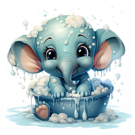Charming elephant calf enjoying a bubbly bath, with gleaming eyes and playful water droplets around.の素材