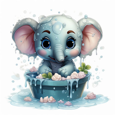 Adorable elephant in bubbly bath with floating flowers, radiant eyes, and a joyful expression.の素材