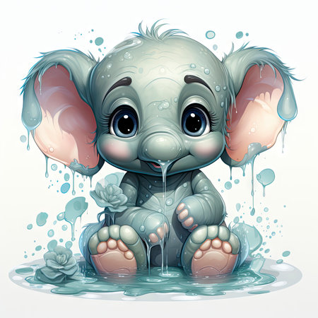 Adorable baby elephant sitting in water, surrounded by delicate flowers, with expressive, captivating eyes.の素材