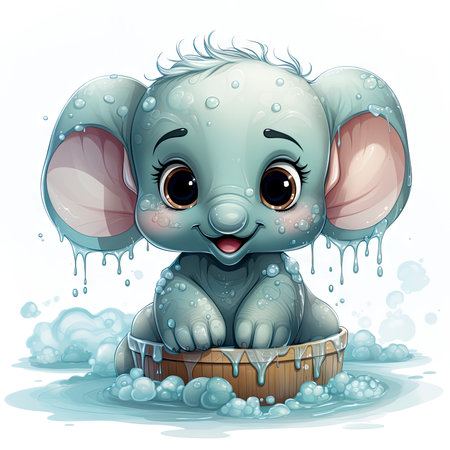 Charming baby elephant enjoying a bubbly bath, with expressive eyes and playful water splashes.の素材