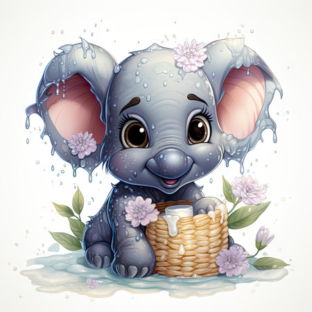 Adorable baby elephant with dewy water drops, holding a basket, surrounded by delicate flowers and water. Perfect for children's themes.の素材