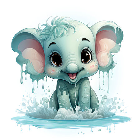 Cheerful baby elephant splashing in water, vibrant digital art with playful expression and detailed droplets.の素材