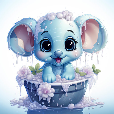 Adorable baby elephant enjoying a bubbly bath, surrounded by delicate flowers, in a playful digital illustration.の素材