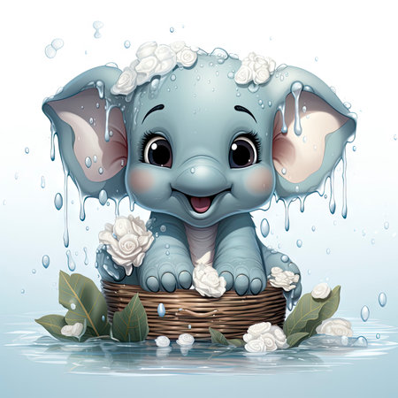 Adorable baby elephant sitting in water with white roses, playful expression, and dripping ears.の素材