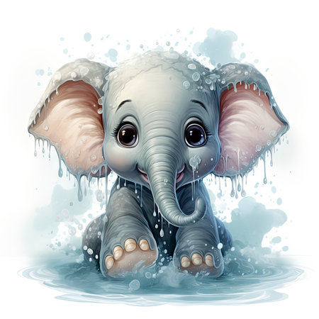 Enchanting elephant immersed in dewy ambiance, exuding innocence and charm.の素材