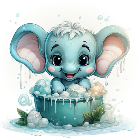 Joyful elephant enjoying bubbly bath, surrounded by nature's serenity, exuding playful vibes.の素材