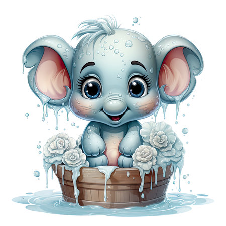 Adorable elephant in a wooden tub, dripping water, surrounded by white roses, with big expressive eyes.の素材