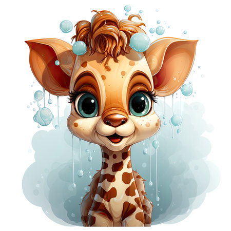 Playful giraffe illustration with gleaming eyes surrounded by bubbles and misty ambiance.の素材