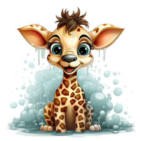 Delightful depiction of a baby giraffe surrounded by bubbles, with striking eyes and an infectious smile.の素材